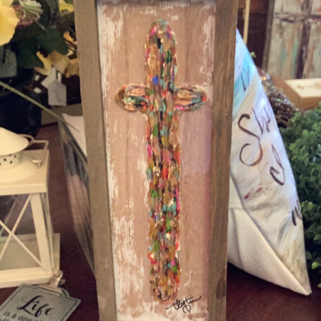 Multi color cross with wooden frame