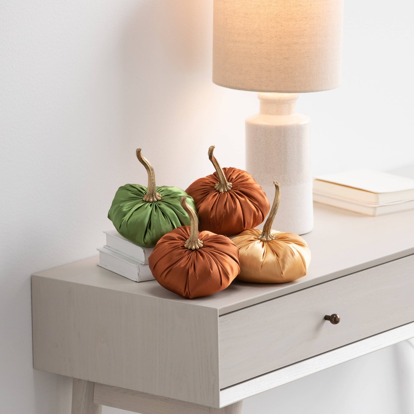 Satin Pumpkins Lush Bookshelf Decor, Wedding All season