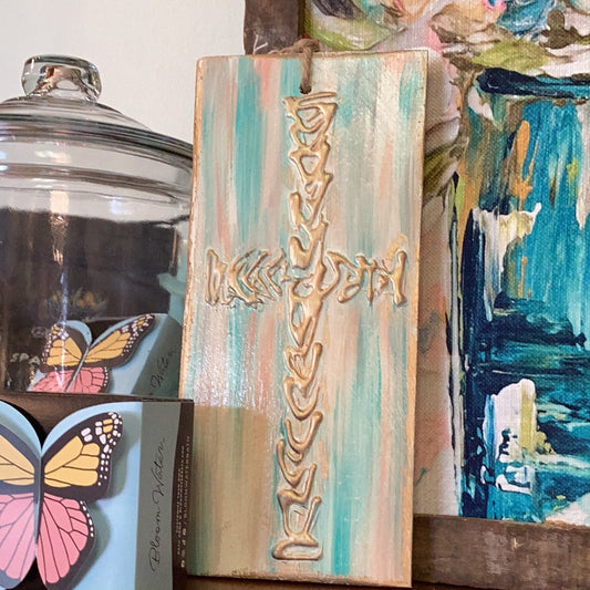 Cross painting pink blue and gold