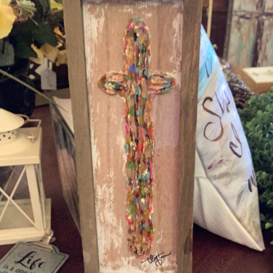 Multi color cross with wooden frame