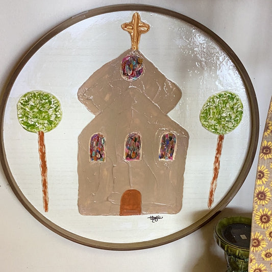 Church with trees round painting