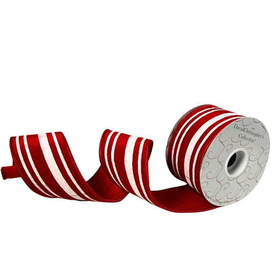 RED VELVET W/ WHITE CRACKED STRIPE RIBBON 2.5"X10YD